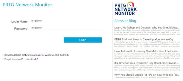 PRTG Login screen for monitoring home network