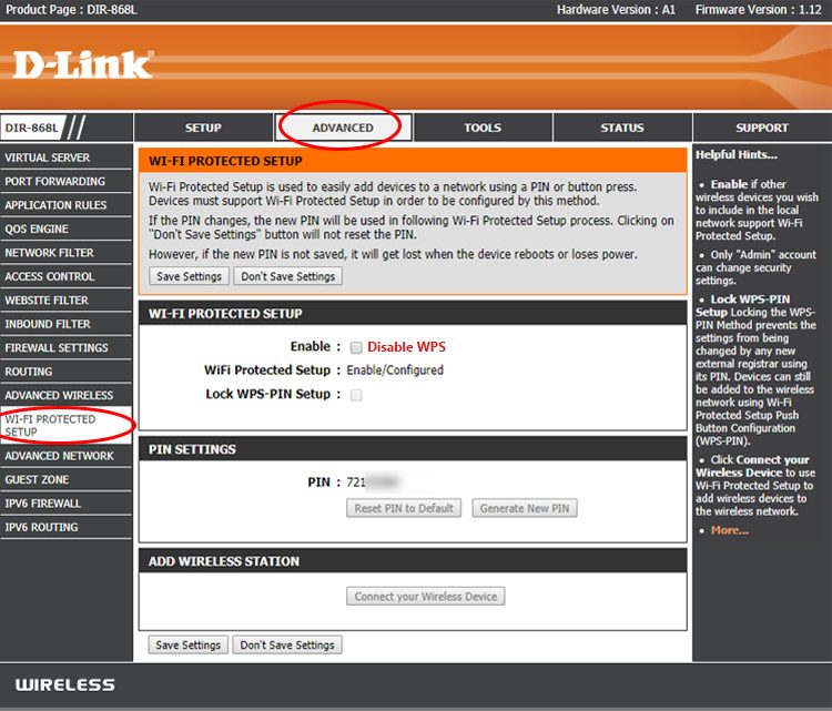 Disable Wifi Protected Setup on D-Link Router