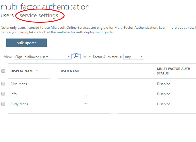Office 365 Multi factor autentication service settings