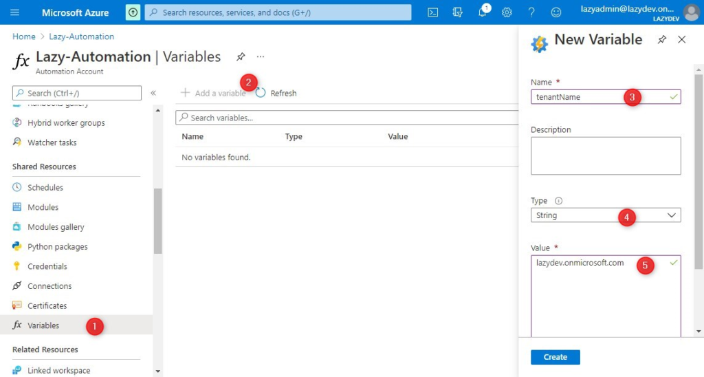 Azure automation variables