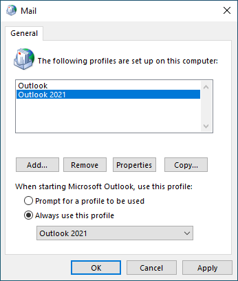 remove mail profiles in OUtlook