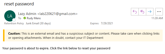 External email warning example Outlook