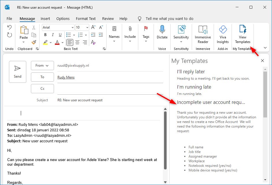 How do I find my saved email templates in Outlook?