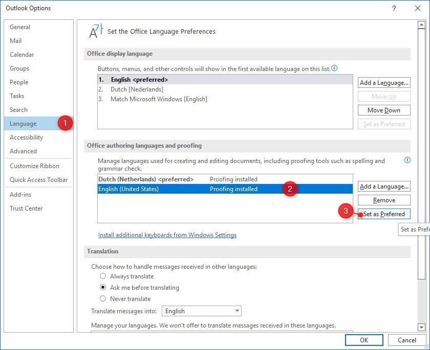 Change Outlook Spell Check Language