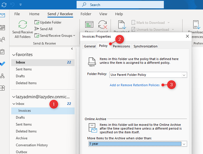 in place archive policy office 365