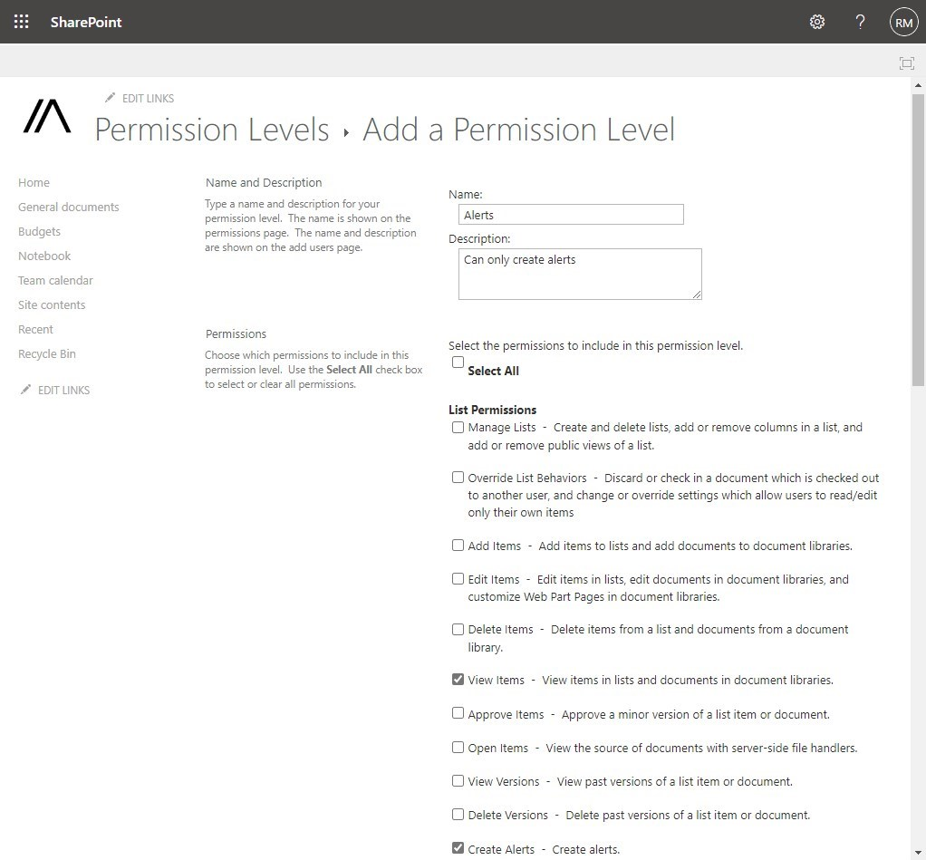 creating custom permission level sharepoint