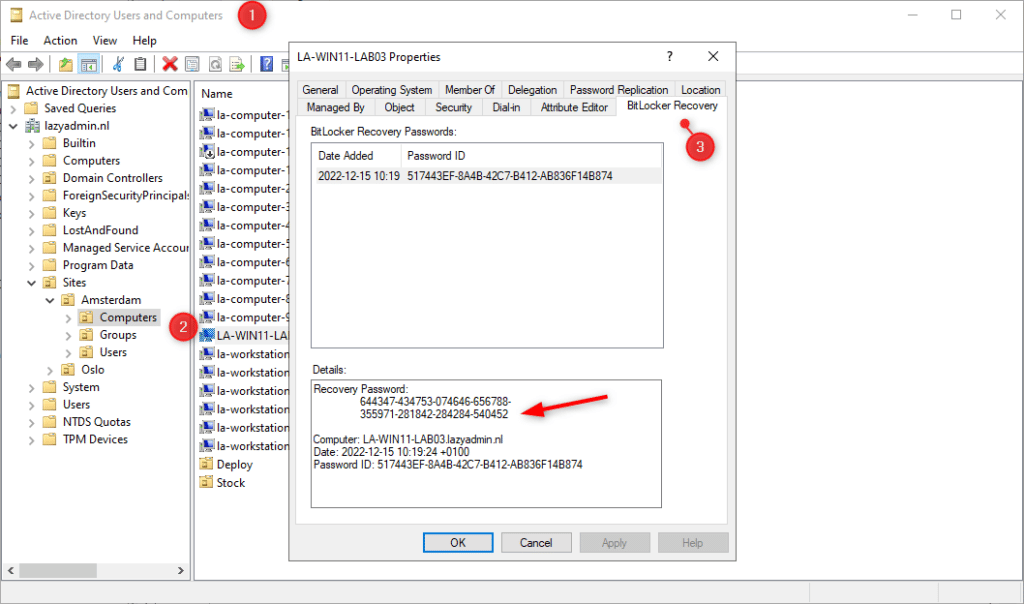View Bitlocker Recovery key in Active Directory
