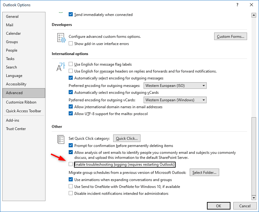 Disable Outlook Logging