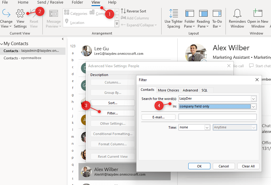 filter outlook contacts