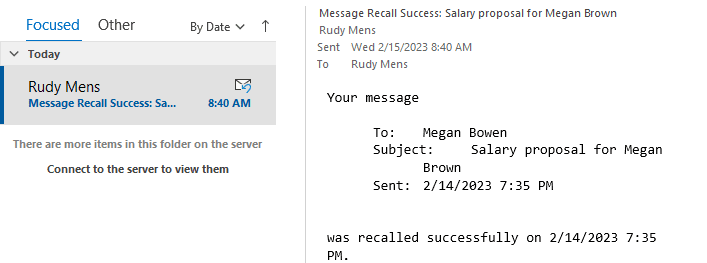 succesful recall message in outlook