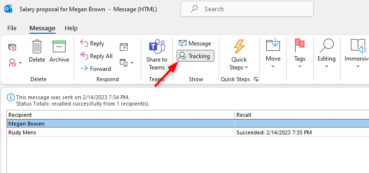 Outlook tracking button