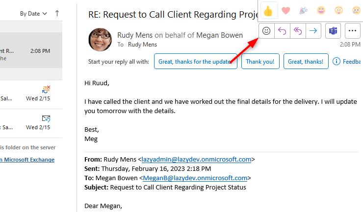 Outlook Emoji quick reply option