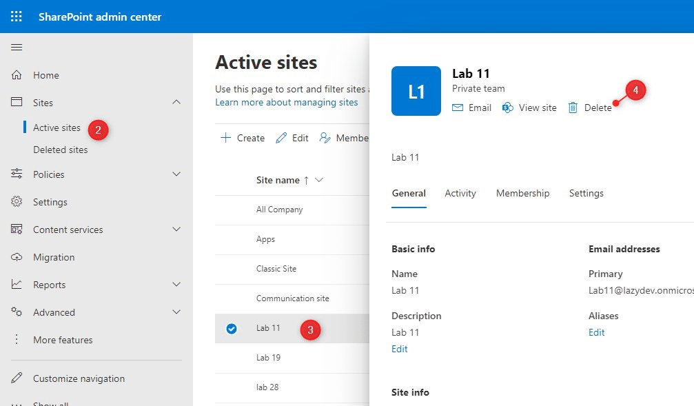 Delete site in the SharePoint Admin Center