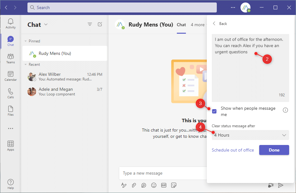 out of office message in teams
