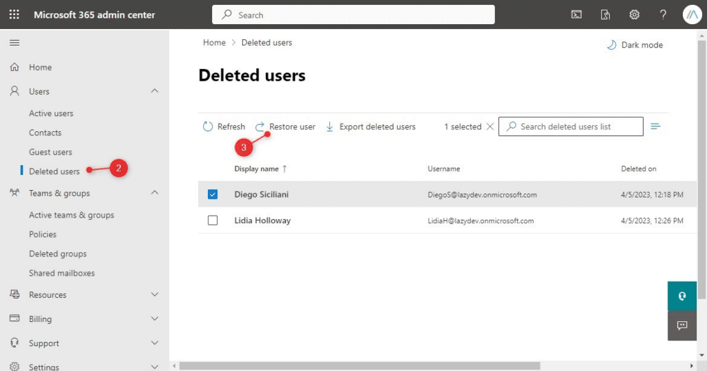 Restore deleted mailbox office 365