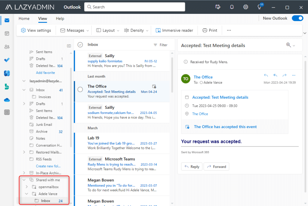 Shared mailbox in new outlook for windows app