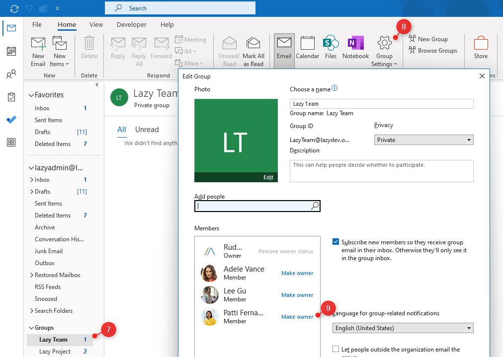 Edit email group in Outlook