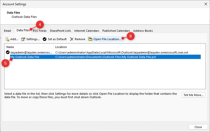 outlook pst file location