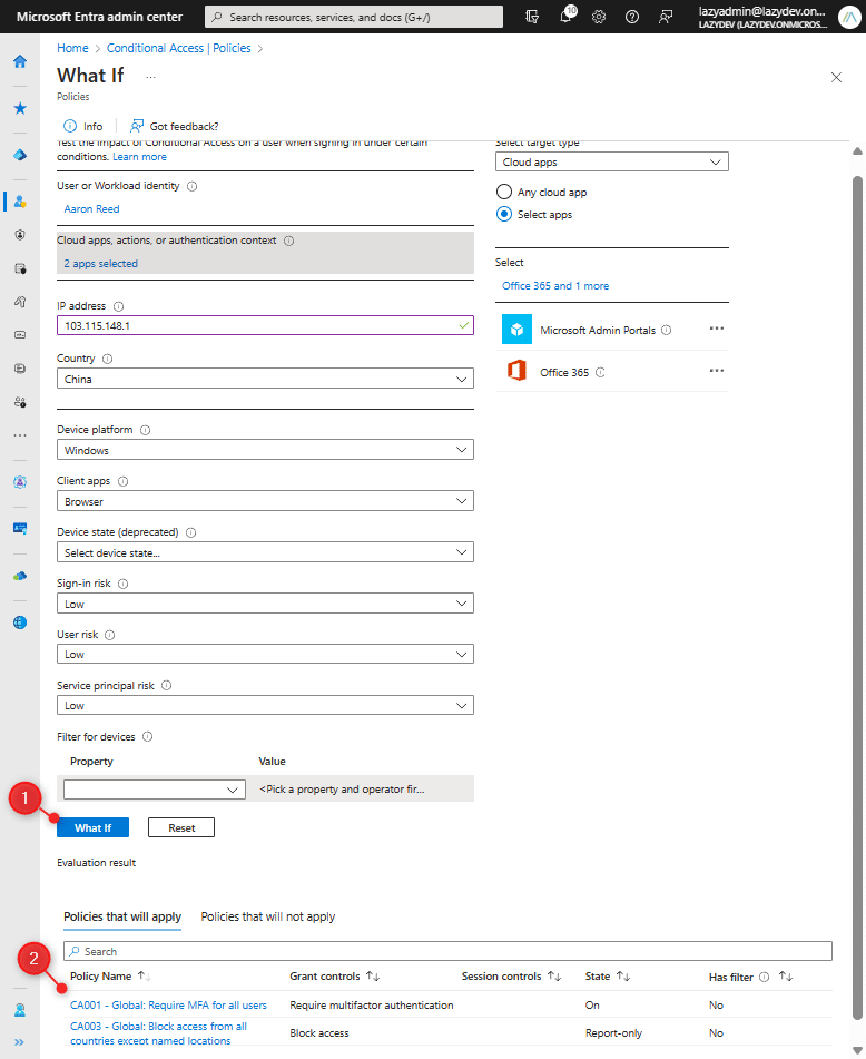 test conditional access policies azure what if