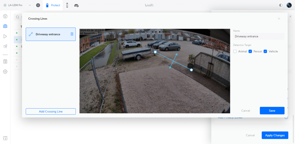 UniFi Protect crossing line detection