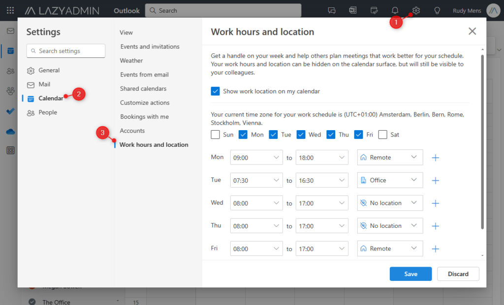 how to set working hours in outlook