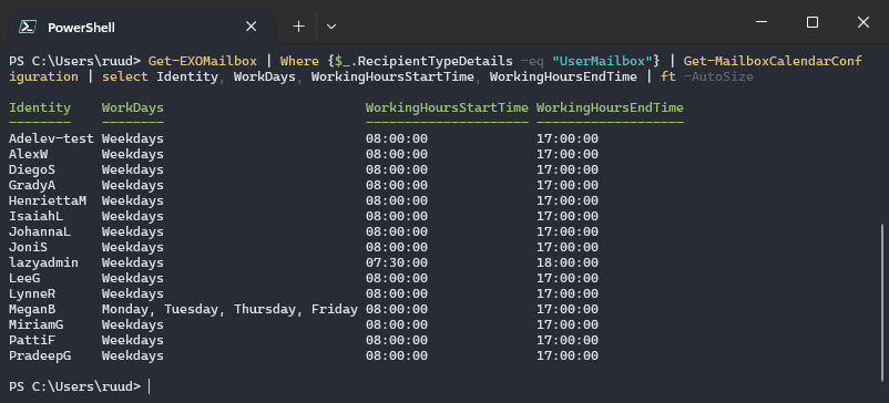 Update work hours for all users in Outlook with Powershell